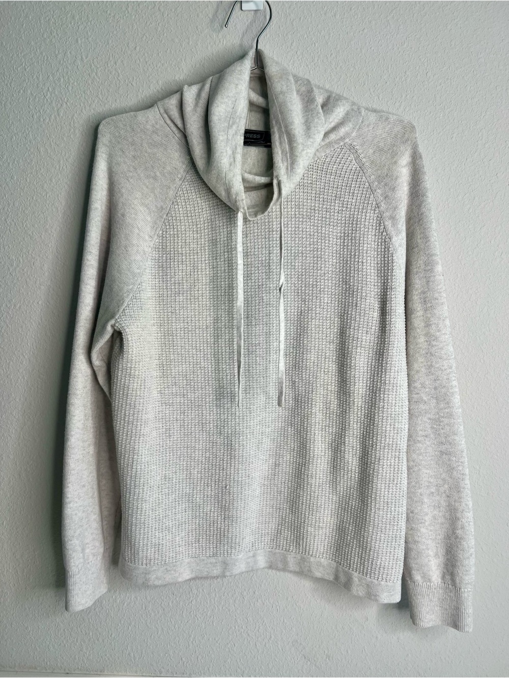 Light Gray Express Waffle-Knit Cowl Neck Or Hooded Sweater. Size M.